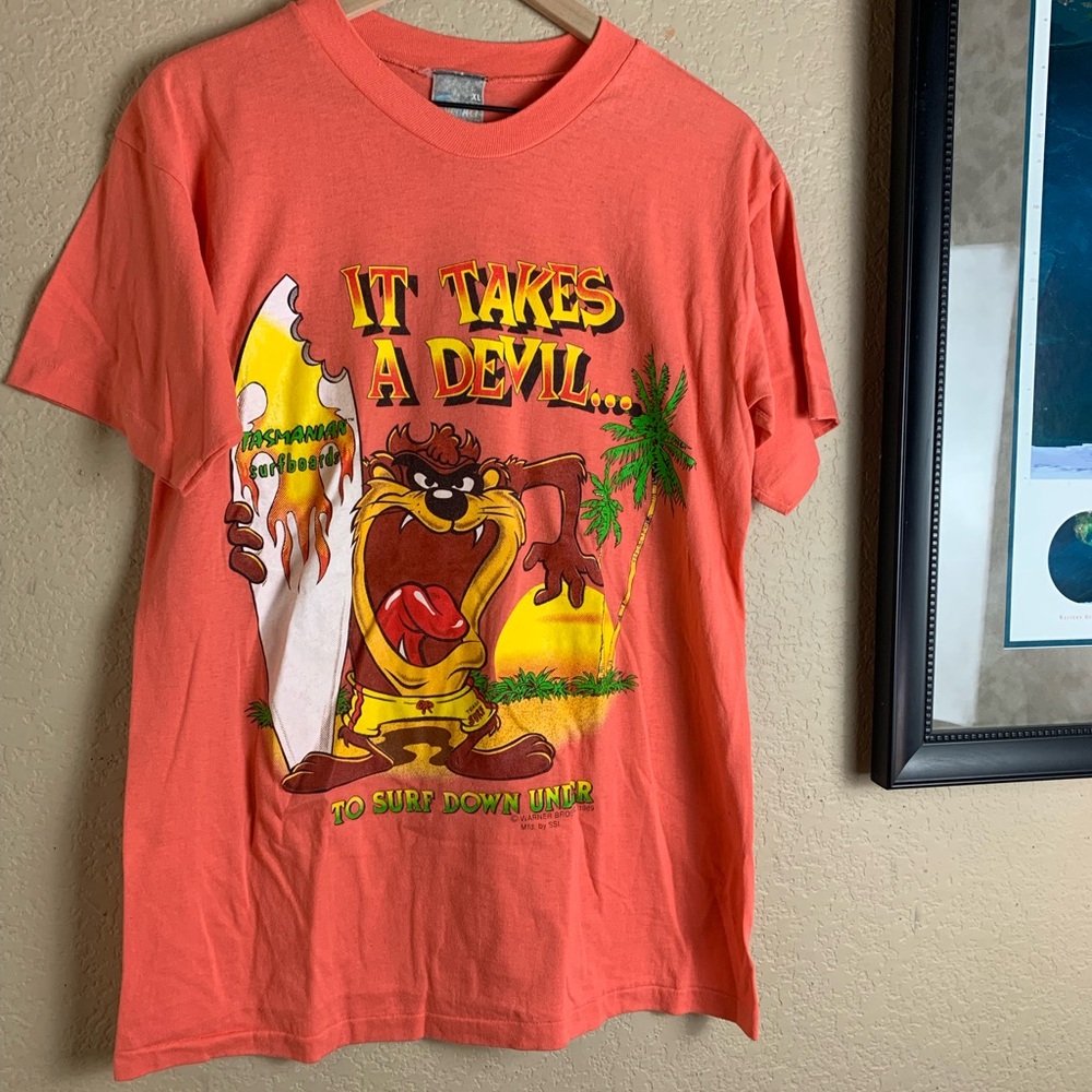 Vintage 90s Orange Taz T Shirt Surfing